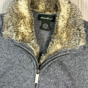 Eddie Bauer Wool Alpaca Blend Faux Fur Collar Zip Up Sweater Vest Grey Large